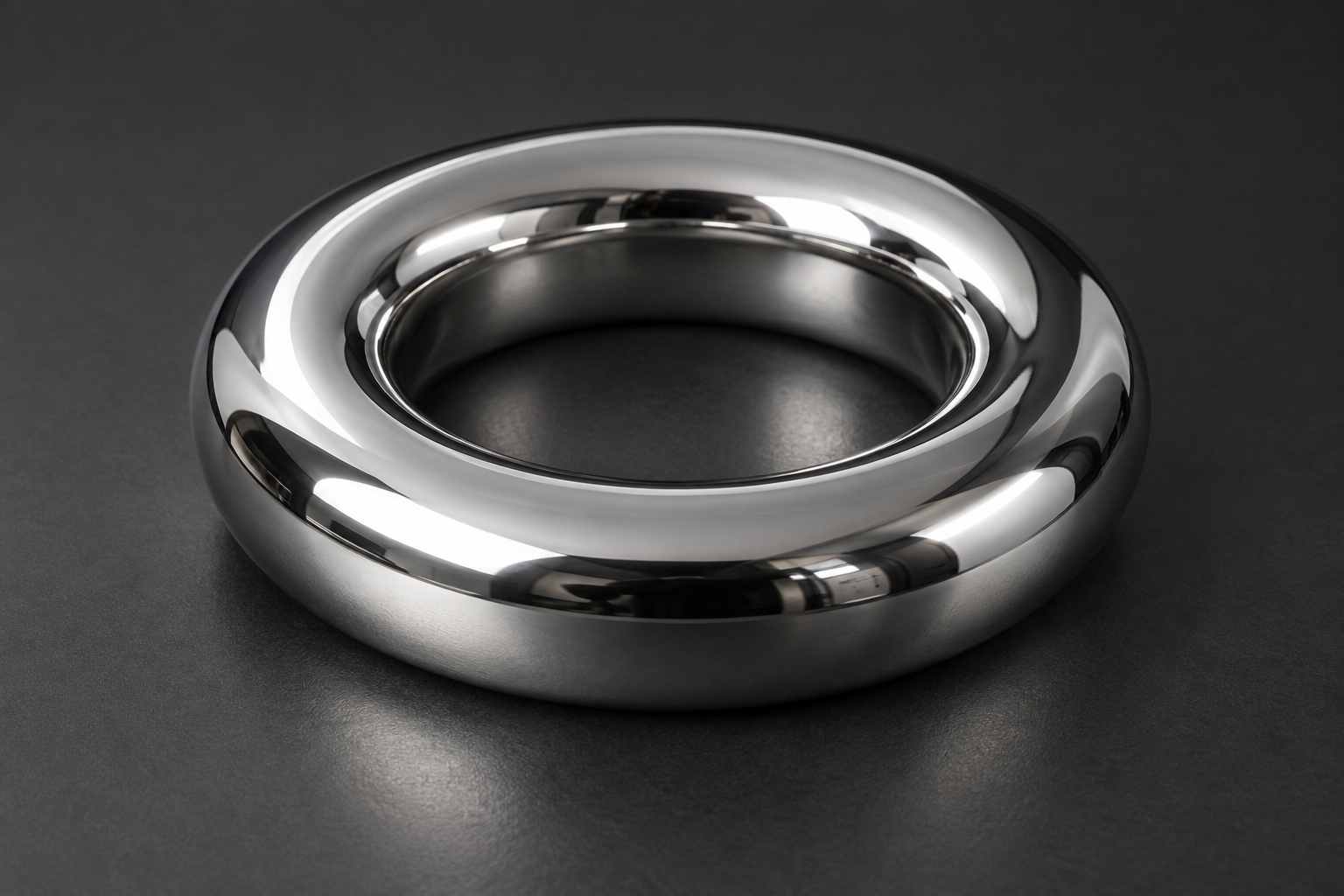 A polished chrome ring on a dark studio surface