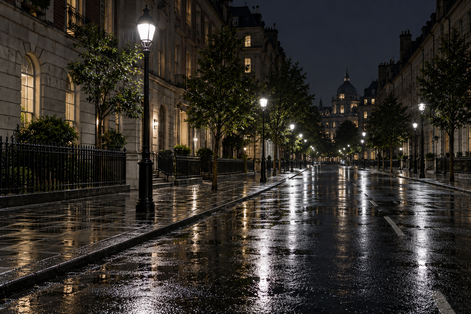 White streetlights reflected on a wet city street at night